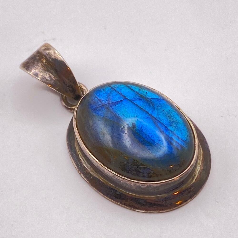 Vintage Blue Labradorite Pendant 925 Sterling Silver Cabochon Oval Gemstone